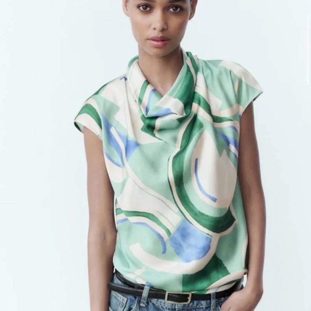 Zara Pucci-style Cowl-Neck Satin-y Blouse in Mixed Blue & Green Print